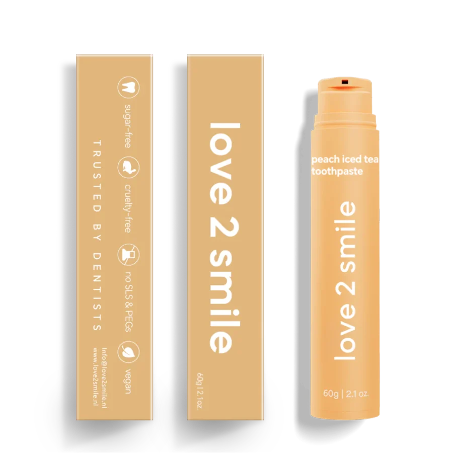 Balinanti dantų pasta su dozatoriumi "Love2smile" (1100 ppm), šaltos persikų arbatos skonio 60 ml. - Image 2